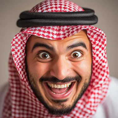 Create a close-up portrait of a cheerful, sarcastic Saudi man in his early 30s, wearing a red and white keffiyeh. He has an exaggerated wide smile, playful eyes, and an expressive face as if he's in the middle of teasing someone in a friendly manner. The background is minimal to keep the focus on his humorous and animated expression. The lighting should be bright and playful, capturing a fun, light-hearted atmosphere, emphasizing his mischievous and teasing personality.