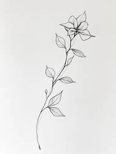 Create a line drawing of a long, slender tree branch with a single jasmine flower blooming at the end. The branch should extend across the composition, with clean, continuous lines that capture its natural length and gentle curves. The jasmine flower should be detailed yet simple, with smooth, flowing lines that outline the petals and leaves. The overall design should be minimalistic, focusing on the elegance of the long branch and the delicate bloom at its tip, using only black or dark ink lines