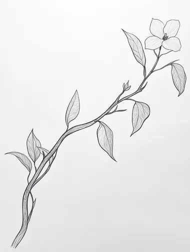 Create a line drawing of a long, slender tree branch with a single jasmine flower blooming at the end. The branch should extend across the composition, with clean, continuous lines that capture its natural length and gentle curves. The jasmine flower should be detailed yet simple, with smooth, flowing lines that outline the petals and leaves. The overall design should be minimalistic, focusing on the elegance of the long branch and the delicate bloom at its tip, using only black or dark ink lines