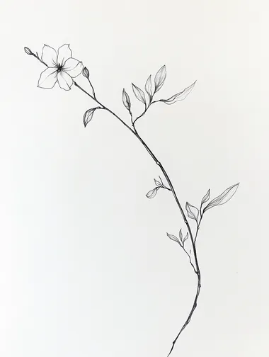 Create a line drawing of a long, slender tree branch with a single jasmine flower blooming at the end. The branch should extend across the composition, with clean, continuous lines that capture its natural length and gentle curves. The jasmine flower should be detailed yet simple, with smooth, flowing lines that outline the petals and leaves. The overall design should be minimalistic, focusing on the elegance of the long branch and the delicate bloom at its tip, using only black or dark ink lines
