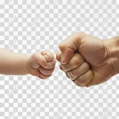 A close-up of two hands, holding a baby's hand with its fist in front view on a white background, creating an illusion that they were engaging in some form of combat or fighting. The image is captured from above, focusing solely on their intertwined fists. This composition creates tension between them, as if it were a real fight