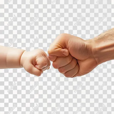 A close-up of two hands, holding a baby's hand with its fist in front view on a white background, creating an illusion that they were engaging in some form of combat or fighting. The image is captured from above, focusing solely on their intertwined fists. This composition creates tension between them, as if it were a real fight