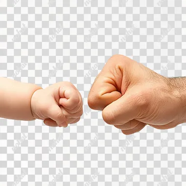 A close-up of two hands, holding a baby's hand with its fist in front view on a white background, creating an illusion that they were engaging in some form of combat or fighting. The image is captured from above, focusing solely on their intertwined fists. This composition creates tension between them, as if it were a real fight