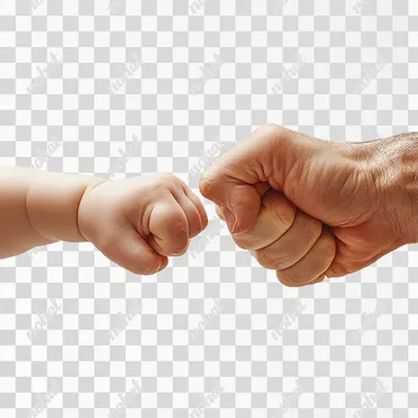 A close-up of two hands, holding a baby's hand with its fist in front view on a white background, creating an illusion that they were engaging in some form of combat or fighting. The image is captured from above, focusing solely on their intertwined fists. This composition creates tension between them, as if it were a real fight