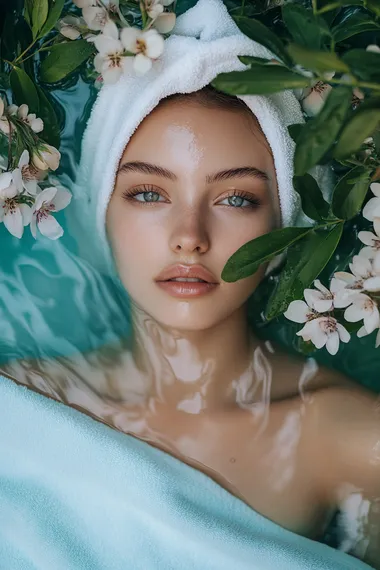 A beautiful woman with white makeup and a towel on her head is lying in the water, surrounded by flowers and green plants, with a light blue color scheme using white and cyan tones. This creates a mysterious, film-like beauty with close-up shots, high-definition details, and movie lighting effects. Her skin texture appears smooth and delicate, and the soft light illuminates her face through an opening above it. She is wearing .