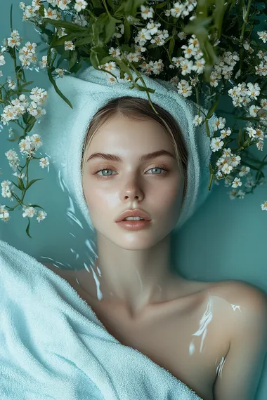 A beautiful woman with white makeup and a towel on her head is lying in the water, surrounded by flowers and green plants, with a light blue color scheme using white and cyan tones. This creates a mysterious, film-like beauty with close-up shots, high-definition details, and movie lighting effects. Her skin texture appears smooth and delicate, and the soft light illuminates her face through an opening above it. She is wearing .