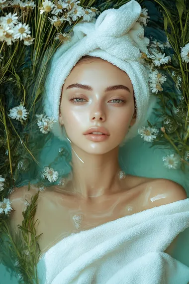 A beautiful woman with white makeup and a towel on her head is lying in the water, surrounded by flowers and green plants, with a light blue color scheme using white and cyan tones. This creates a mysterious, film-like beauty with close-up shots, high-definition details, and movie lighting effects. Her skin texture appears smooth and delicate, and the soft light illuminates her face through an opening above it. She is wearing .
