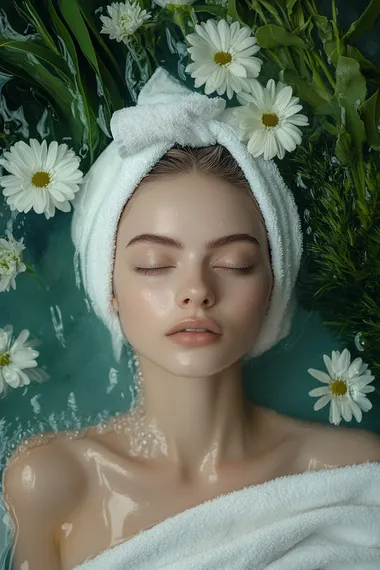 A beautiful woman with white makeup and a towel on her head is lying in the water, surrounded by flowers and green plants, with a light blue color scheme using white and cyan tones. This creates a mysterious, film-like beauty with close-up shots, high-definition details, and movie lighting effects. Her skin texture appears smooth and delicate, and the soft light illuminates her face through an opening above it. She is wearing .
