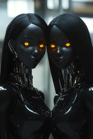 Two gorgeous robotic synthetic humanoid women standing together, they are ethereal and black skinned with glowing eyes