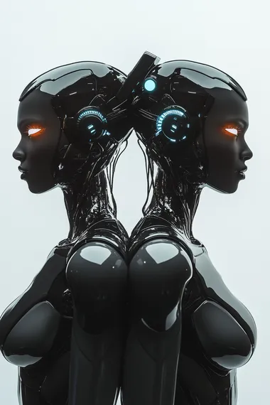 Two gorgeous robotic synthetic humanoid women standing together, they are ethereal and black skinned with glowing eyes