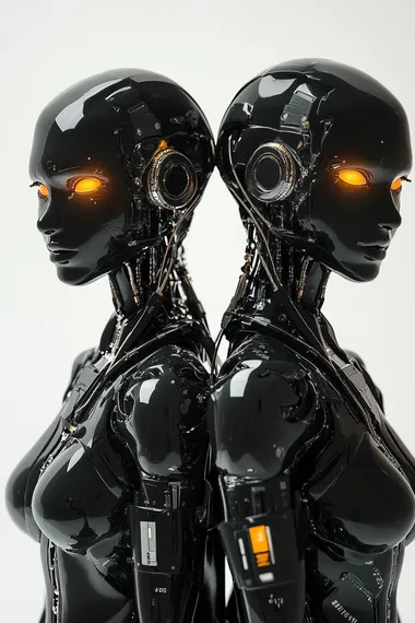 Two gorgeous robotic synthetic humanoid women standing together, they are ethereal and black skinned with glowing eyes