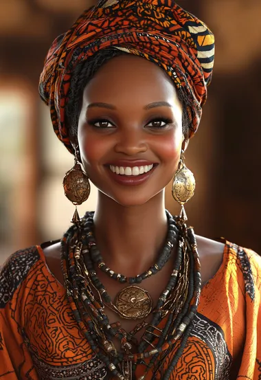 A beautiful, smiling African woman wearing traditional African . The portrait is highly detailed, with a photorealistic, hyperrealistic style and high-quality resolution. The full-body character design features intricate facial features, Head tilted back ,hair, and African-style in an orange-brown color scheme.