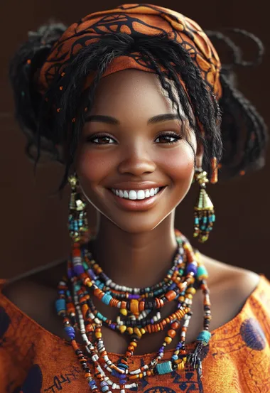 A beautiful, smiling African woman wearing traditional African . The portrait is highly detailed, with a photorealistic, hyperrealistic style and high-quality resolution. The full-body character design features intricate facial features, Head tilted back ,hair, and African-style in an orange-brown color scheme.