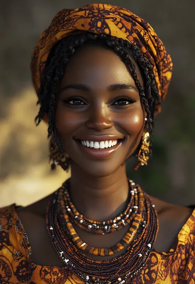 A beautiful, smiling African woman wearing traditional African . The portrait is highly detailed, with a photorealistic, hyperrealistic style and high-quality resolution. The full-body character design features intricate facial features, Head tilted back ,hair, and African-style in an orange-brown color scheme.