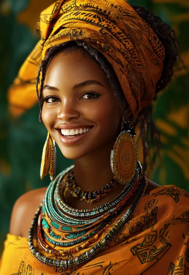 A beautiful, smiling African woman wearing traditional African . The portrait is highly detailed, with a photorealistic, hyperrealistic style and high-quality resolution. The full-body character design features intricate facial features, Head tilted back ,hair, and African-style in an orange-brown color scheme.