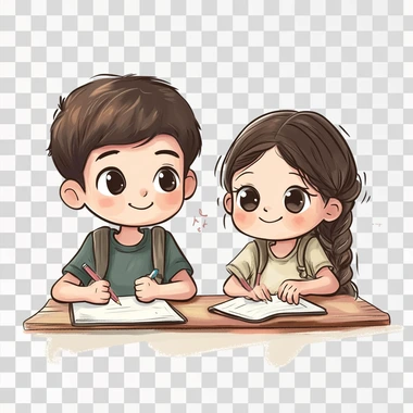 describe studying korean boy and girl, cartoon style,