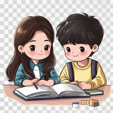 describe studying korean boy and girl, cartoon style,