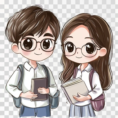 describe studying korean boy and girl, cartoon style,