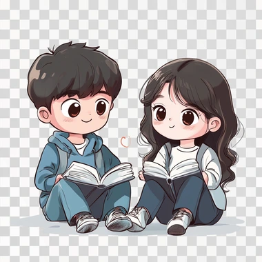 describe studying korean boy and girl, cartoon style,