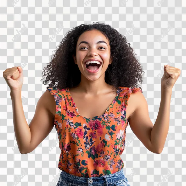 PNG Excited woman cheering in urban living area, documentary style, 4K