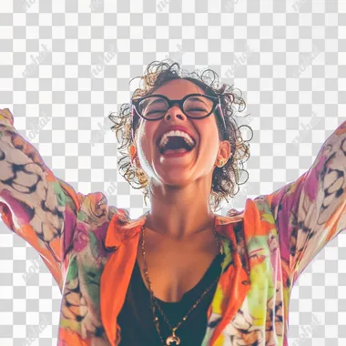 a woman on a transparent backdrop cheering with excitement. 4k, canon 5dmk3, documentary