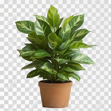 large indoor plant, in a pot, many green leaves, white background --s 750