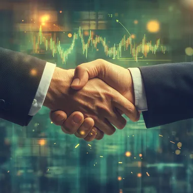 A 2D illustration of two hands shaking firmly in the center of the image, symbolizing trust and partnership in investment. One hand is dressed in a crisp business suit, while the other is casually attired, representing collaboration between professionals and individuals. Behind the hands, a subtle digital chart with upward-trending green arrows and glowing lines floats, indicating a successful financial agreement. The background features a soft gradient of warm blues and greens, with faint golden sparkles or dollar signs subtly layered to reinforce the theme of financial trust. The lighting focuses on the handshake, creating a spotlight effect that enhances the gestures significance.