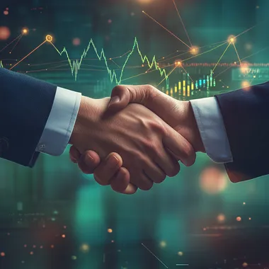 A 2D illustration of two hands shaking firmly in the center of the image, symbolizing trust and partnership in investment. One hand is dressed in a crisp business suit, while the other is casually attired, representing collaboration between professionals and individuals. Behind the hands, a subtle digital chart with upward-trending green arrows and glowing lines floats, indicating a successful financial agreement. The background features a soft gradient of warm blues and greens, with faint golden sparkles or dollar signs subtly layered to reinforce the theme of financial trust. The lighting focuses on the handshake, creating a spotlight effect that enhances the gestures significance.