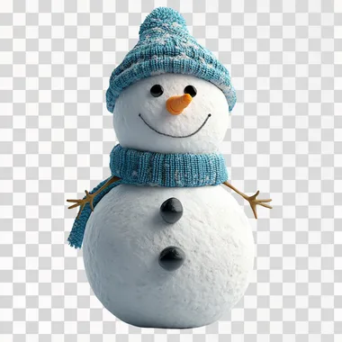 Create a 3D image of a snowman made entirely of snow in a Pixar-inspired style, set against a clean white background. The snowman is composed of three perfectly round, soft snowballs with a slightly textured, powdery surface to resemble real snow. It has simple black pebble eyes, a carrot nose, and a cheerful smile made of small stones. The snowman is accessorized with a bright blue scarf and a cozy winter knitted hat with a fun pom-pom on top. The hat features a classic winter pattern in shades of white and blue, adding charm and warmth to the design. Use soft, diffused lighting to highlight the snowy texture, vibrant accessories, and playful design --s 50