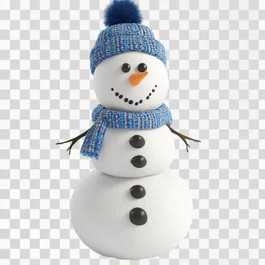 Create a 3D image of a snowman made entirely of snow in a Pixar-inspired style, set against a clean white background. The snowman is composed of three perfectly round, soft snowballs with a slightly textured, powdery surface to resemble real snow. It has simple black pebble eyes, a carrot nose, and a cheerful smile made of small stones. The snowman is accessorized with a bright blue scarf and a cozy winter knitted hat with a fun pom-pom on top. The hat features a classic winter pattern in shades of white and blue, adding charm and warmth to the design. Use soft, diffused lighting to highlight the snowy texture, vibrant accessories, and playful design --s 50
