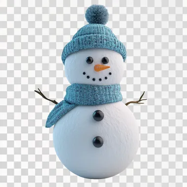 Create a 3D image of a snowman made entirely of snow in a Pixar-inspired style, set against a clean white background. The snowman is composed of three perfectly round, soft snowballs with a slightly textured, powdery surface to resemble real snow. It has simple black pebble eyes, a carrot nose, and a cheerful smile made of small stones. The snowman is accessorized with a bright blue scarf and a cozy winter knitted hat with a fun pom-pom on top. The hat features a classic winter pattern in shades of white and blue, adding charm and warmth to the design. Use soft, diffused lighting to highlight the snowy texture, vibrant accessories, and playful design --s 50