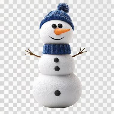Create a 3D image of a snowman made entirely of snow in a Pixar-inspired style, set against a clean white background. The snowman is composed of three perfectly round, soft snowballs with a slightly textured, powdery surface to resemble real snow. It has simple black pebble eyes, a carrot nose, and a cheerful smile made of small stones. The snowman is accessorized with a bright blue scarf and a cozy winter knitted hat with a fun pom-pom on top. The hat features a classic winter pattern in shades of white and blue, adding charm and warmth to the design. Use soft, diffused lighting to highlight the snowy texture, vibrant accessories, and playful design --s 50
