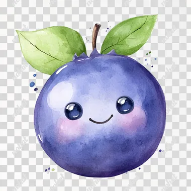 cute blueberry with face watercolor White Background Clipart sweet cool