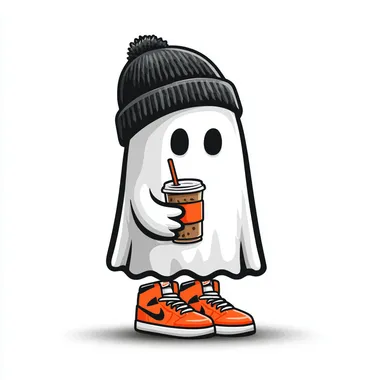 a cute cartoon ghost floating, holding an iced coffee with a strawand hands, wearing a cozy beanie hat, bright orange sneakers on its feet, thick dark black outlines, white background, flat vector art, t-shirt graphic style, high contrast, clean simple design, centered composition --s 250