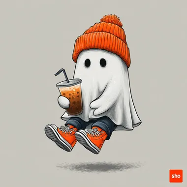 a cute cartoon ghost floating, holding an iced coffee with a strawand hands, wearing a cozy beanie hat, bright orange sneakers on its feet, thick dark black outlines, white background, flat vector art, t-shirt graphic style, high contrast, clean simple design, centered composition --s 250