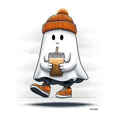 a cute cartoon ghost floating, holding an iced coffee with a strawand hands, wearing a cozy beanie hat, bright orange sneakers on its feet, thick dark black outlines, white background, flat vector art, t-shirt graphic style, high contrast, clean simple design, centered composition --s 250