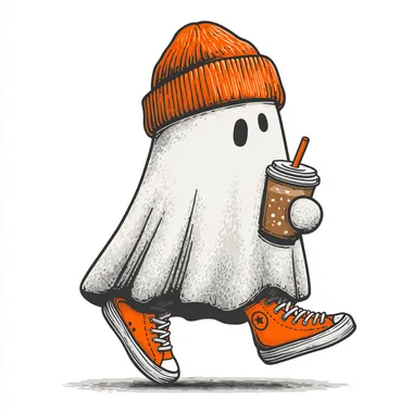 a cute cartoon ghost floating, holding an iced coffee with a strawand hands, wearing a cozy beanie hat, bright orange sneakers on its feet, thick dark black outlines, white background, flat vector art, t-shirt graphic style, high contrast, clean simple design, centered composition --s 250