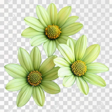 Light green flowers; three green flowers; distinct petal layers; 4K; high definition; white background; --s 250