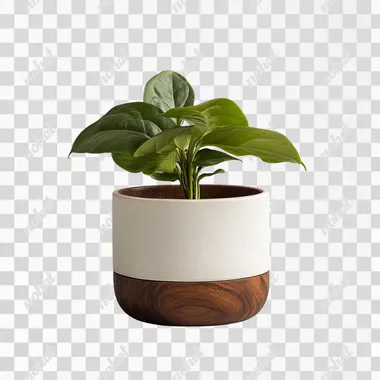 Walnut plant pot, white plaster pot, plain background, light gray background, front view, plant