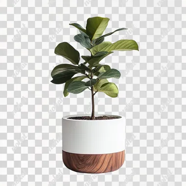 Walnut plant pot, white plaster pot, plain background, light gray background, front view, plant