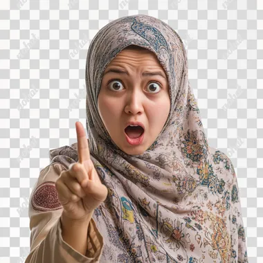 A malay women hijab pointing with his finger at the viewer, with a surprised expression. White background. candid & spontaneous