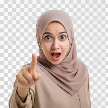A malay women hijab pointing with his finger at the viewer, with a surprised expression. White background. candid & spontaneous