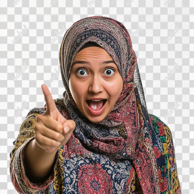 Surprised Hijab-Wearing Woman Pointing at the Viewer