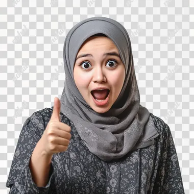 A malay women hijab pointing with his finger at the viewer, with a surprised expression. White background. candid & spontaneous
