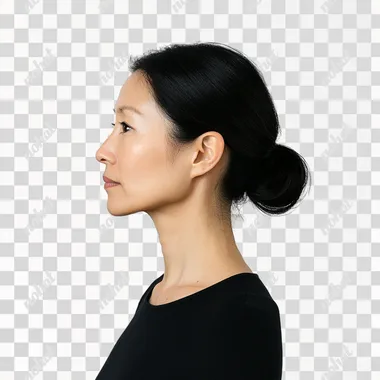 Side view of a 40 year old Korean woman, white background
