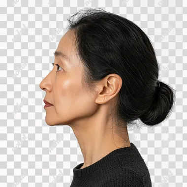Side view of a 40 year old Korean woman, white background