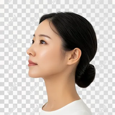 Side view of a 40 year old Korean woman, white background