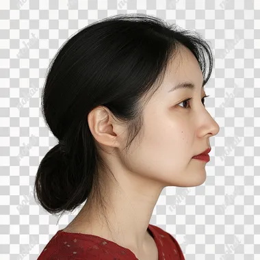 Side view of a 40 year old Korean woman, white background