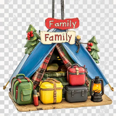 A camping-themed Christmas ornament featuring a 3D camping tent with camping gears like backpacks, coolers with the text "Family" on it. The tent is blue with red accents, while other items include a green flannel blanket, a black lantern, and a yellow fire-watching light on top of an ice cooler. White background, thin strokes, Christmas vibe