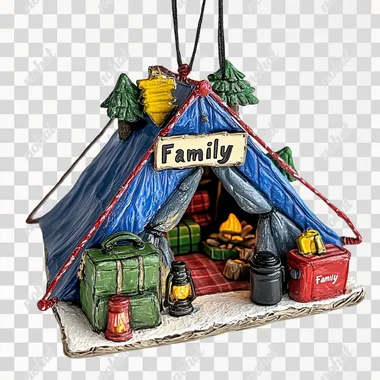 A camping-themed Christmas ornament featuring a 3D camping tent with camping gears like backpacks, coolers with the text "Family" on it. The tent is blue with red accents, while other items include a green flannel blanket, a black lantern, and a yellow fire-watching light on top of an ice cooler. White background, thin strokes, Christmas vibe